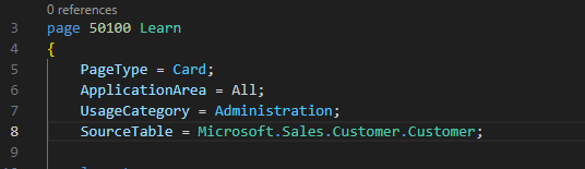 AL page code with fully qualified SourceTable set to Microsoft.Sales.Customer.Customer.