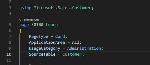 AL page code using 'using Microsoft.Sales.Customer;' and unqualified SourceTable = Customer.