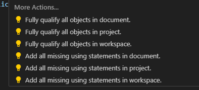 More Actions quick-fix menu with bulk options to fully qualify objects or add missing using statements.