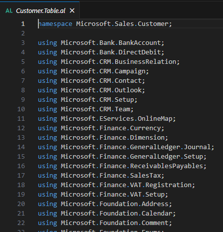 Customer.Table.al in VS Code showing namespace Microsoft.Sales.Customer and multiple using directives.