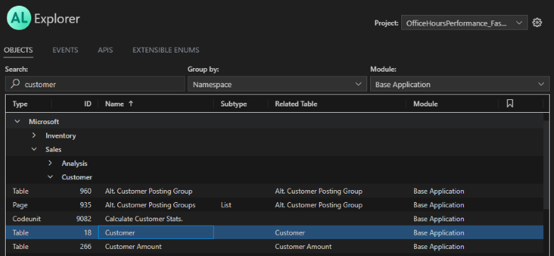 AL Explorer grouped by Namespace, listing customer-related objects under Microsoft loading=