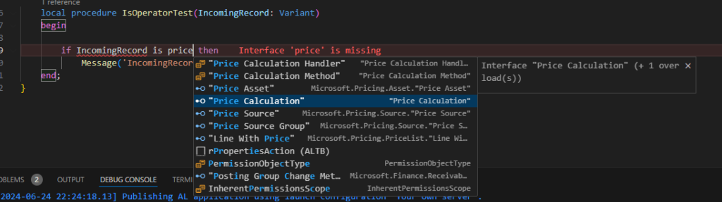 AL code showing compile error Interface 'price' is missing while typing an is check against an interface.
