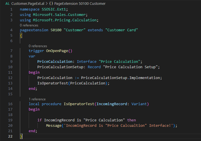 Customer Card page extension code assigning PriceCalculation interface and checking it with is operator on OnOpenPage.