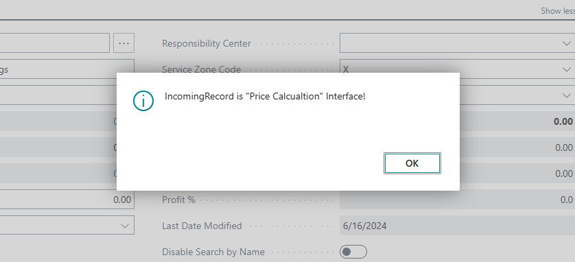 Business Central message dialog: IncomingRecord is Price Calculation Interface!