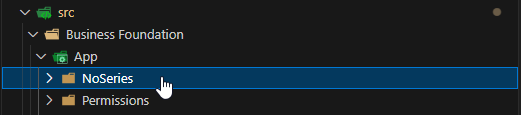 Visual Studio Code project tree showing the Business Foundation app with the NoSeries folder selected.