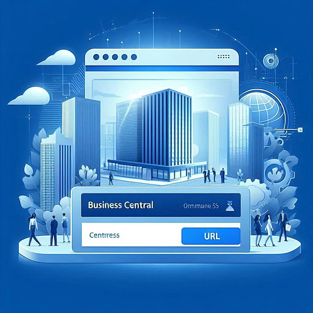 Illustration of a Business Central browser window over a city skyline with a URL/address bar labeled Business Central, illustrating accessing an environment without a GUID in the URL.