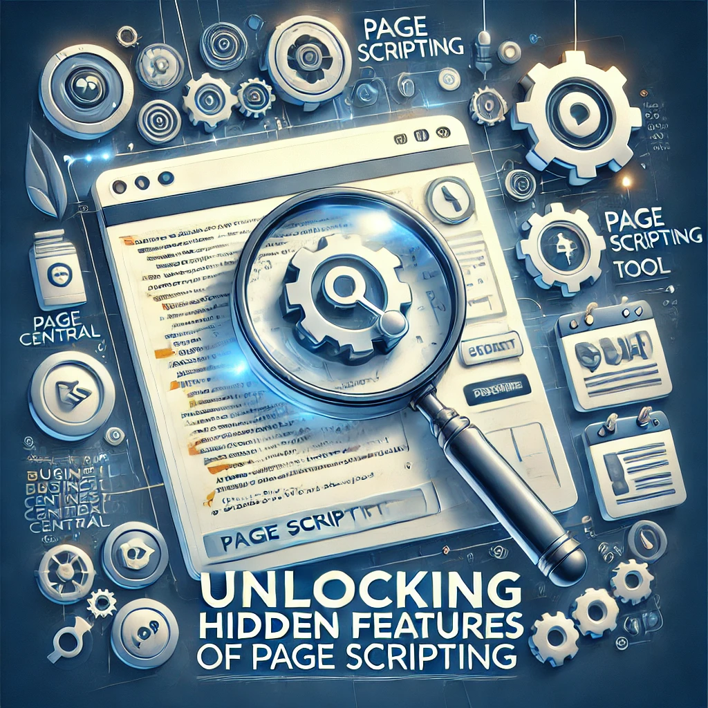 Illustration of a magnifying glass over a document labeled Page Script, surrounded by gear icons and the text Unlocking Hidden Features of Page Scripting.