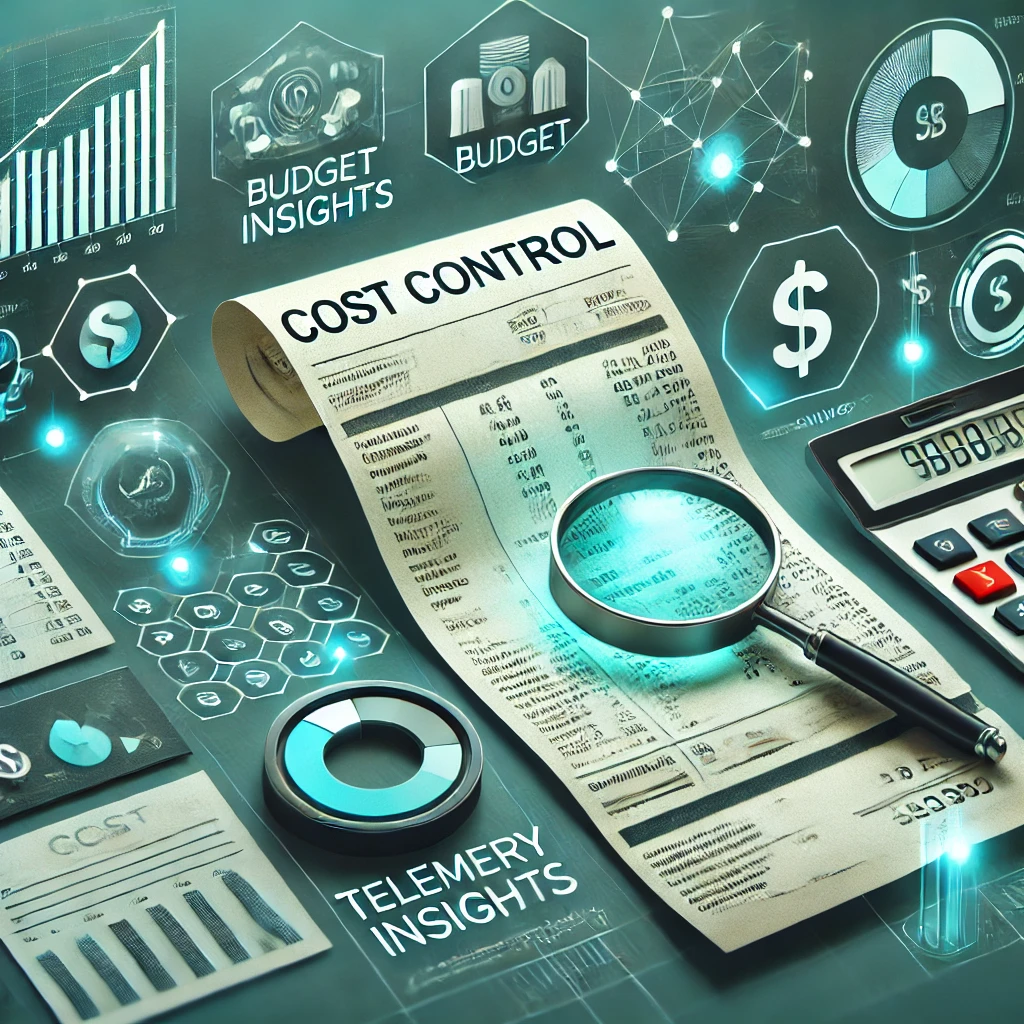 Illustration of a magnifying glass over a cost control receipt, surrounded by budget insight charts, gauges, and a calculator, illustrating telemetry cost control in Business Central.