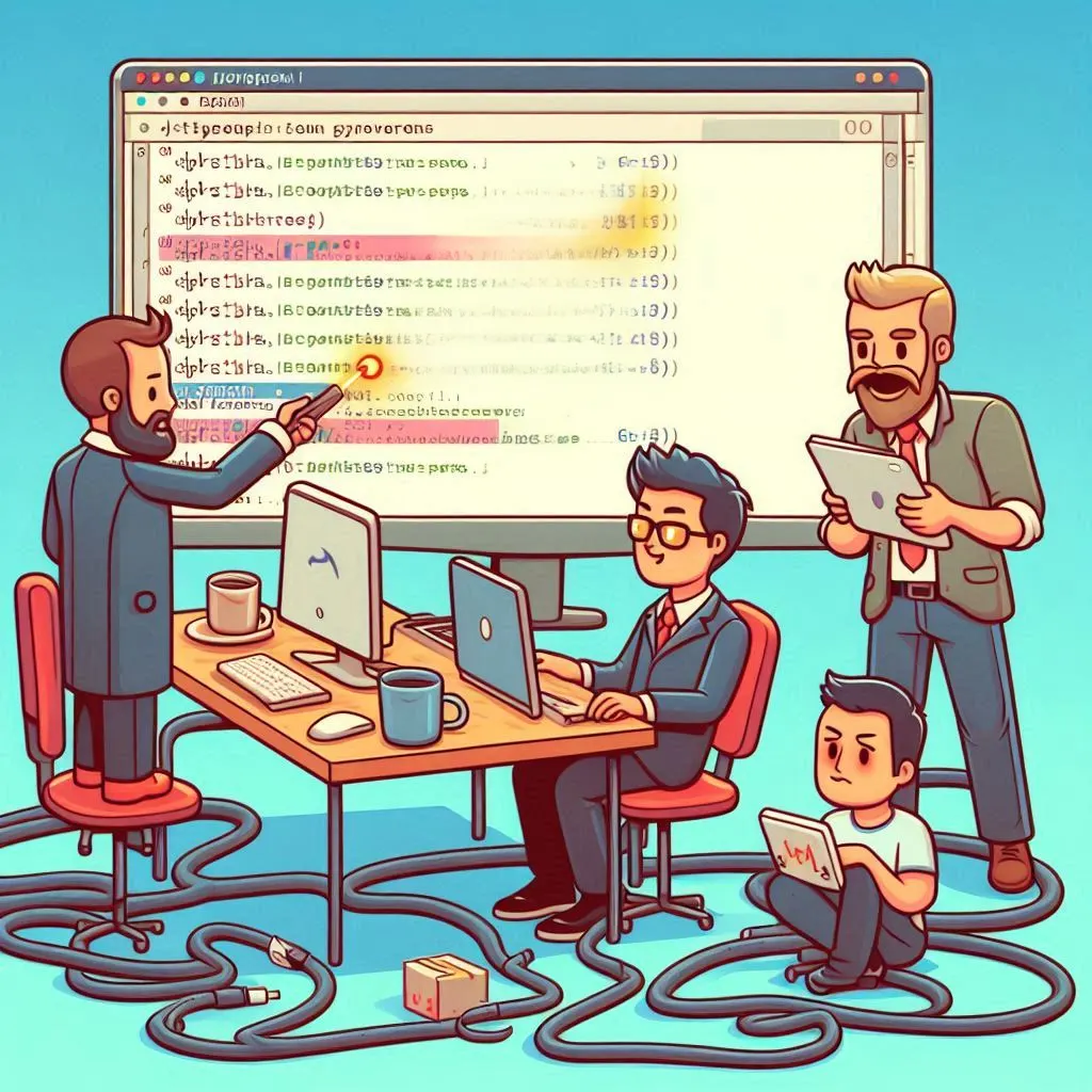 Cartoon illustration of developers reviewing highlighted code on a large monitor with tangled cables on the floor, illustrating selecting multiple lines on a GitHub pull request review.