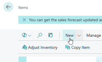 The Items list page with the New action being clicked