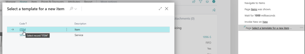 Select a template for a new item dialog offering the Item and Service templates, with the recorded steps beside it