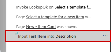 The recorded step Input Test Item into Description, highlighted in the script