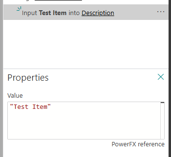 Properties pane showing the step value as the PowerFX string Test Item