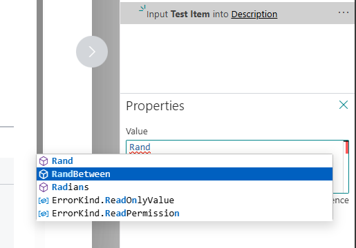 PowerFX IntelliSense in the value box suggesting Rand, RandBetween and Radians