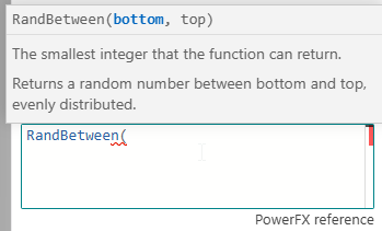 The RandBetween signature tooltip describing its bottom and top parameters