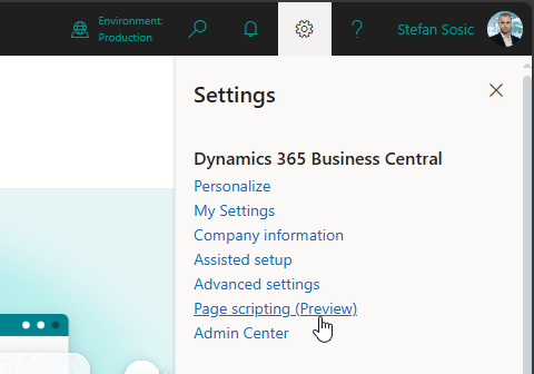 Business Central Settings pane with the Page scripting (Preview) link highlighted