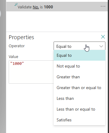 A Validate No. is 1000 step with the Operator list open on Equal to, Not equal to and the rest