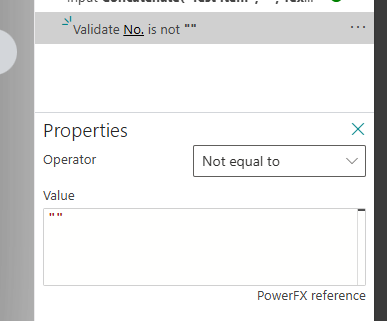 The step changed to Validate No. is not empty, using the Not equal to operator