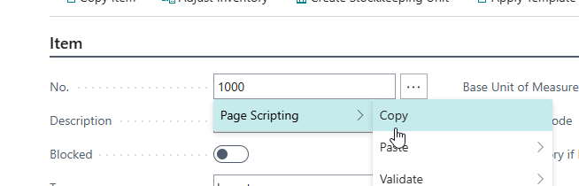 Right-click menu on the No. field with the Page Scripting Copy action highlighted