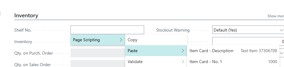 The Paste submenu listing both stored clipboard values, Item Card Description and Item Card No.