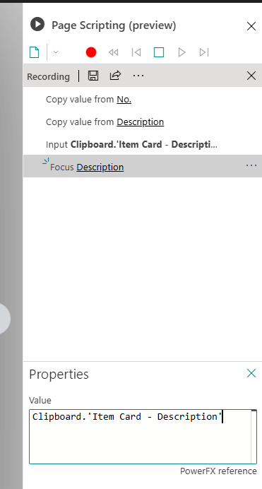 The recorded step Input Clipboard.'Item Card - Description' with its value in Properties