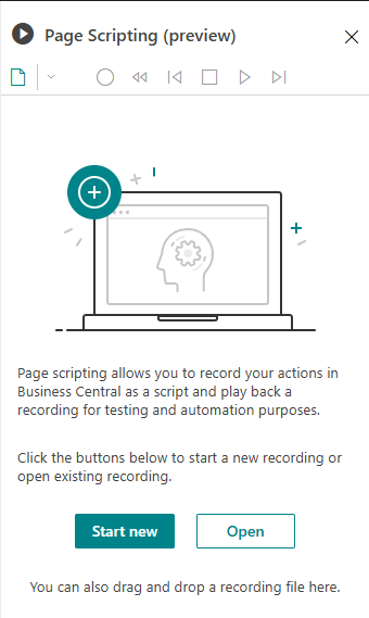 Page Scripting side panel explaining recording, with Start new and Open buttons