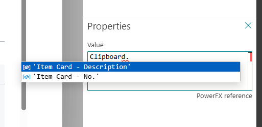 PowerFX IntelliSense listing the two clipboard entries, Item Card Description and Item Card No.