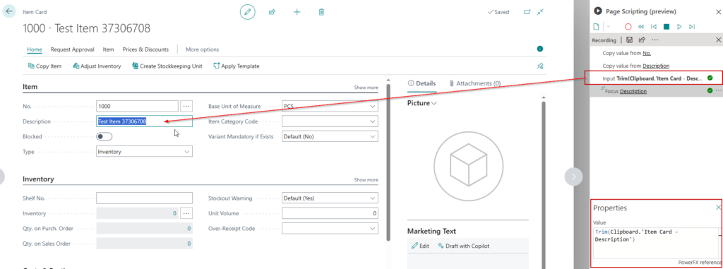 The step wrapped in Trim(Clipboard.'Item Card - Description'), removing the trailing space