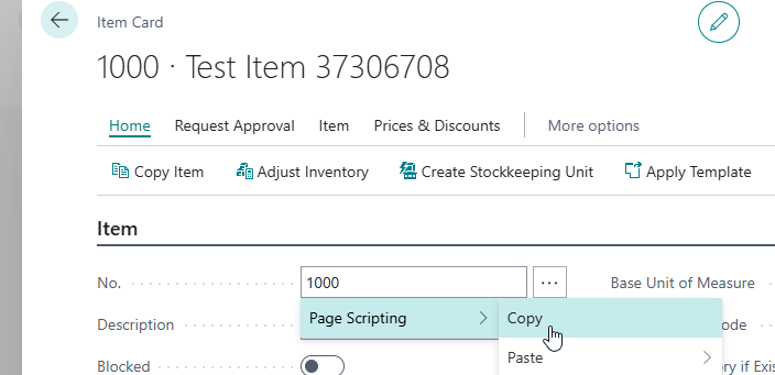 Right-click Copy on the Item card No. field, storing 1000 for use on another page