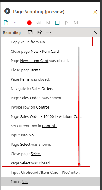 The recorded script showing the copy on the item card and the paste into the sales order line