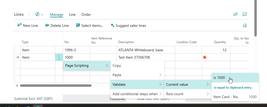 Validate submenu on a sales order line offering is 1000 and is equal to clipboard entry