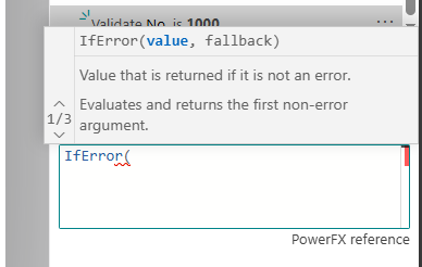 The IfError signature tooltip describing its value and fallback arguments