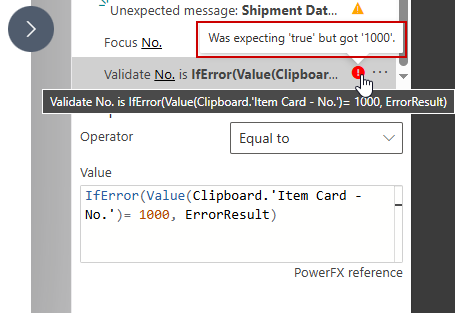 A failing validation step reporting it was expecting true but got 1000