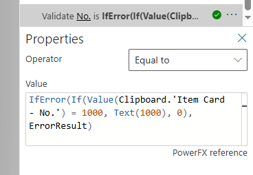 The validation step passing, with the finished IfError, If and Text expression in Properties