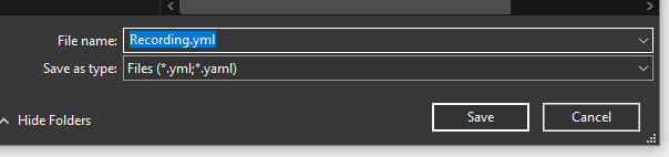 Save dialog with the file name Recording.yml and the yml and yaml file types