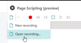 The Page Scripting file menu offering New recording and Open recording