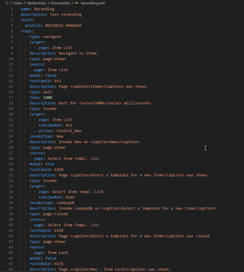 The saved Recording.yml open in an editor, listing navigate, page-shown, wait and invoke steps