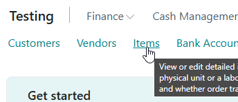 Business Central navigation menu with the Items list link being selected