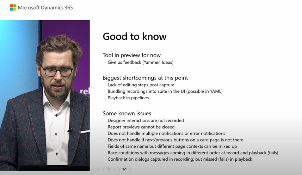A Microsoft session slide, Good to know, listing Page Scripting shortcomings and known issues