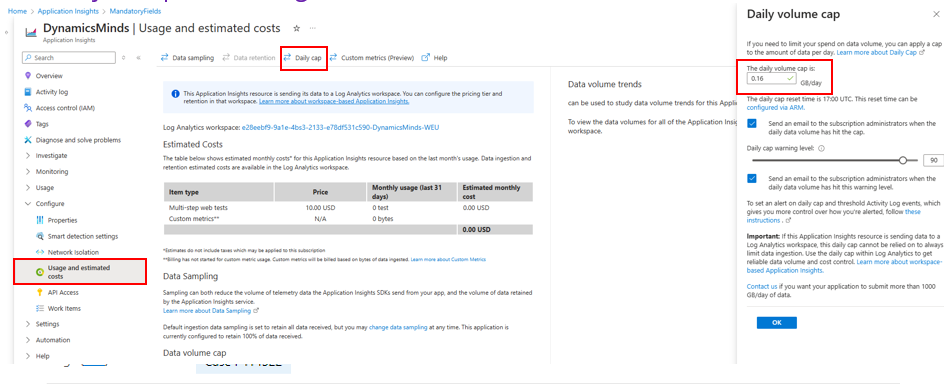 Azure Application Insights Usage and estimated costs page with the Daily cap settings panel open.