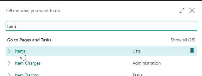 Tell me what you want to do search for Item, listing the Items page