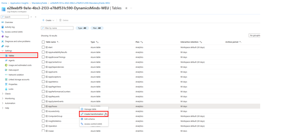 Log Analytics Tables view with AppTraces selected and context menu option Create transformation highlighted.