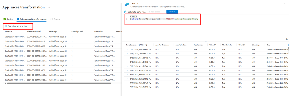 AppTraces transformation editor with a KQL filter query excluding eventId RT0018 for long-running query events.