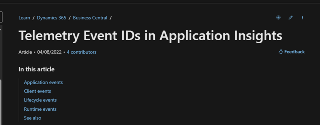 Microsoft Learn article page titled Telemetry Event IDs in Application Insights for Business Central.