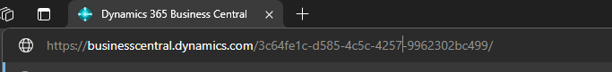 Browser address bar showing Business Central URL with an environment GUID path.