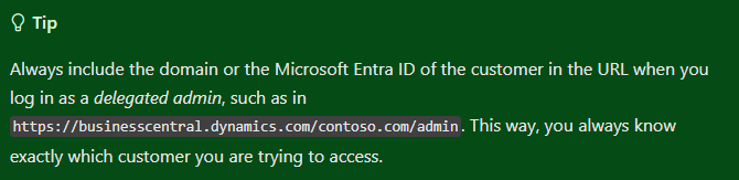 Documentation tip recommending tenant domain or Microsoft Entra ID in Business Central delegated admin URLs.