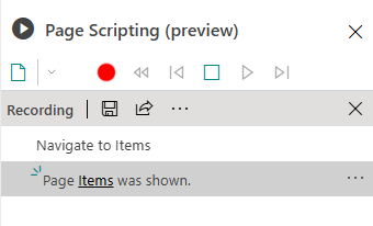 Page Scripting recording panel logging the step Page Items was shown