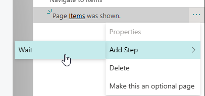 Add Step submenu with the Wait step about to be selected
