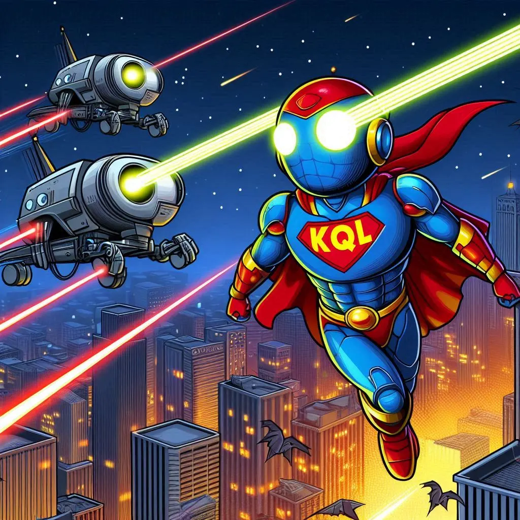 Cartoon superhero labeled KQL flying over a city chased by drones with laser beams, illustrating Power of KQL for Business Central Telemetry Part 2.