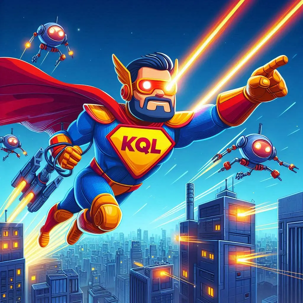 Cartoon superhero labeled KQL flying over a city chased by drones with laser beams, illustrating Power of KQL for Business Central Telemetry Part 1.